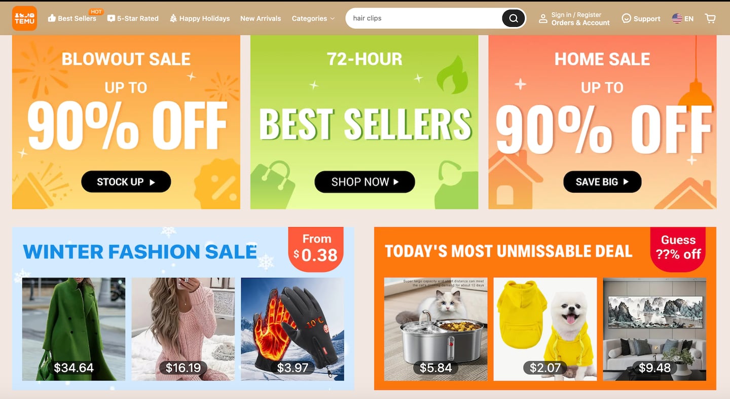 The Temu homepage.